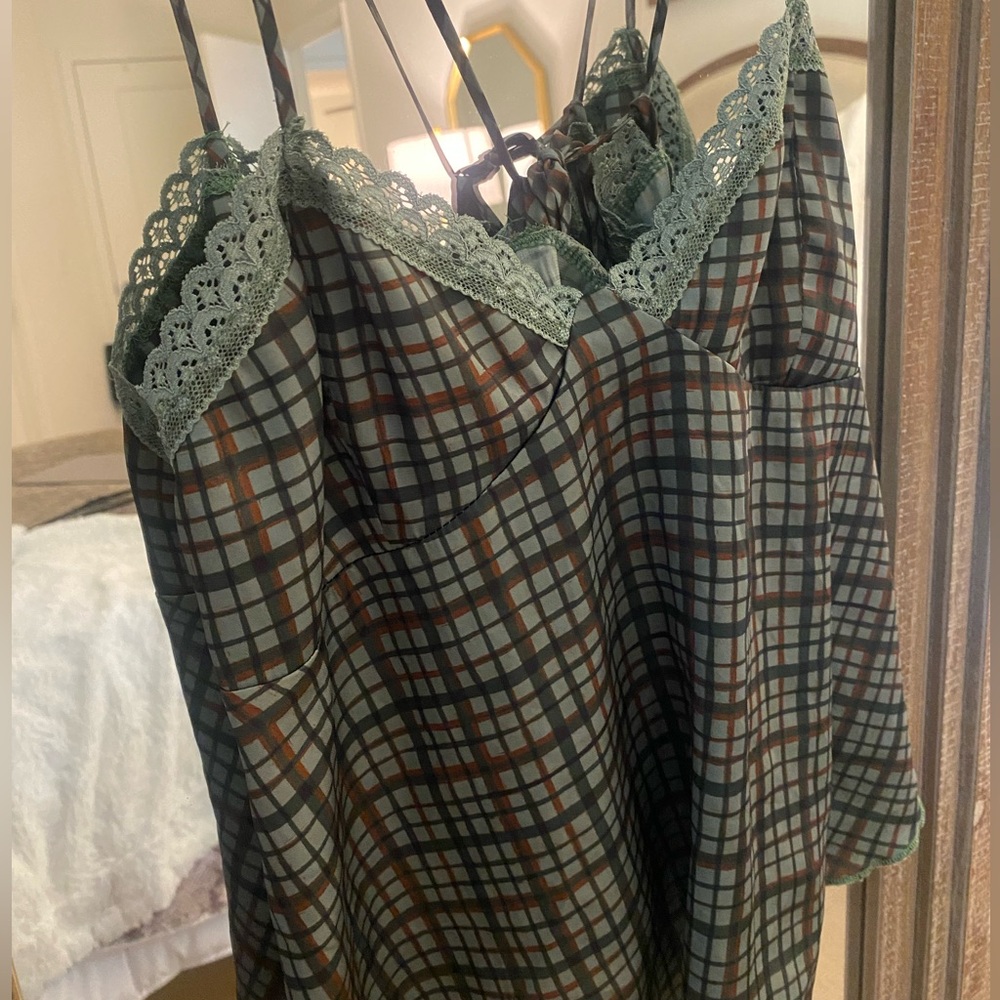 Free People Intimately Green Plaid Lace Silk Cami
